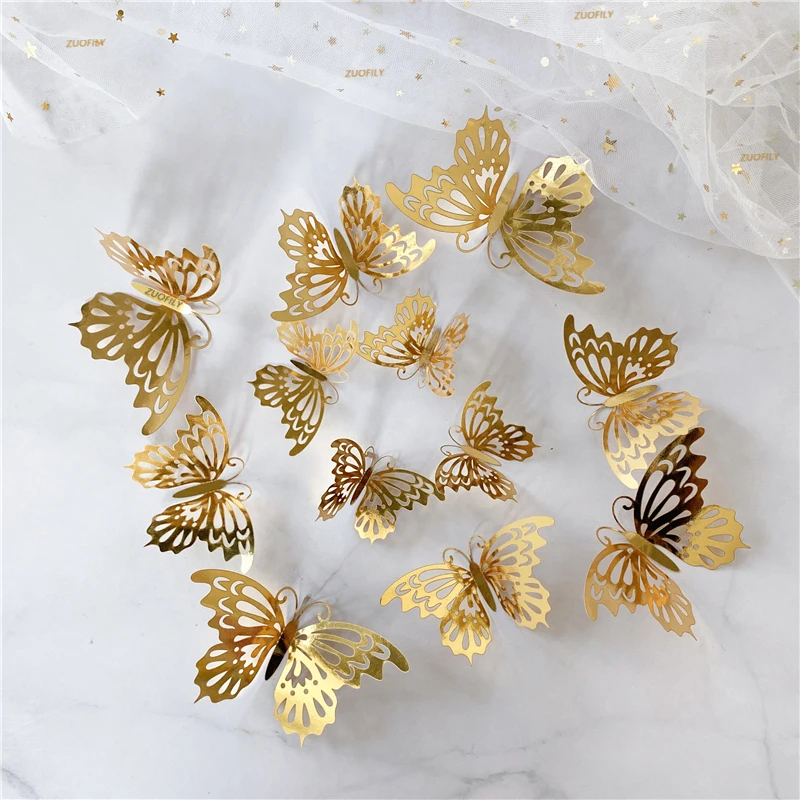 Wedding Package Gold - 12/36Pcs 3D 중공 나비 벽 스티커