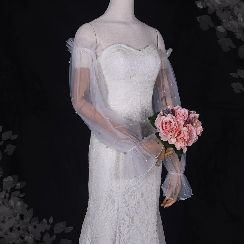 진주 장식이 있는 신부용 슬리브 웨딩 드레스, 탄력 있 - Wedding Dress Supply 리뷰 및 가격