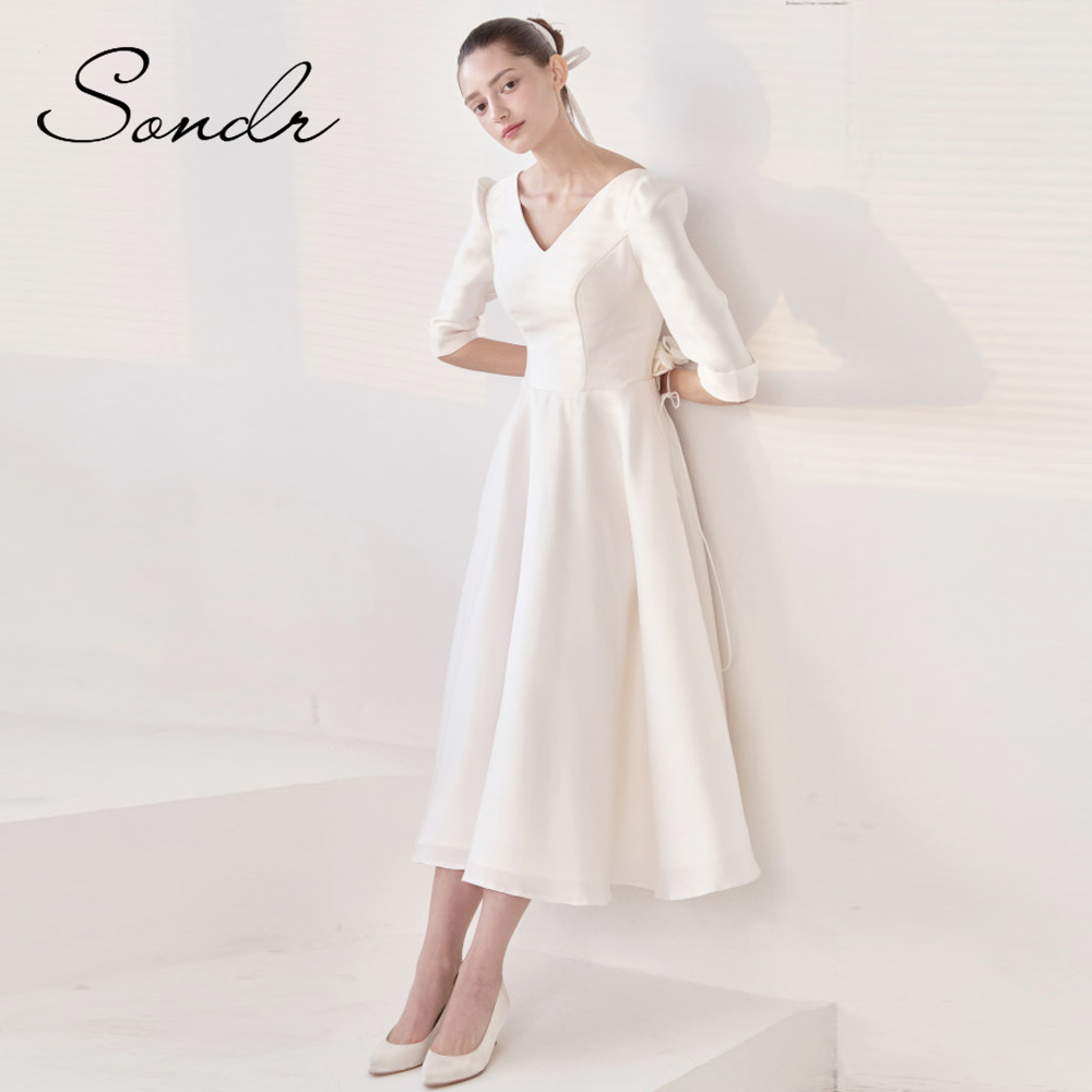 Sondr v 넥 새틴 하프 슬리브 한국 웨딩 드레스  - Wedding Qq 리뷰 및 가격